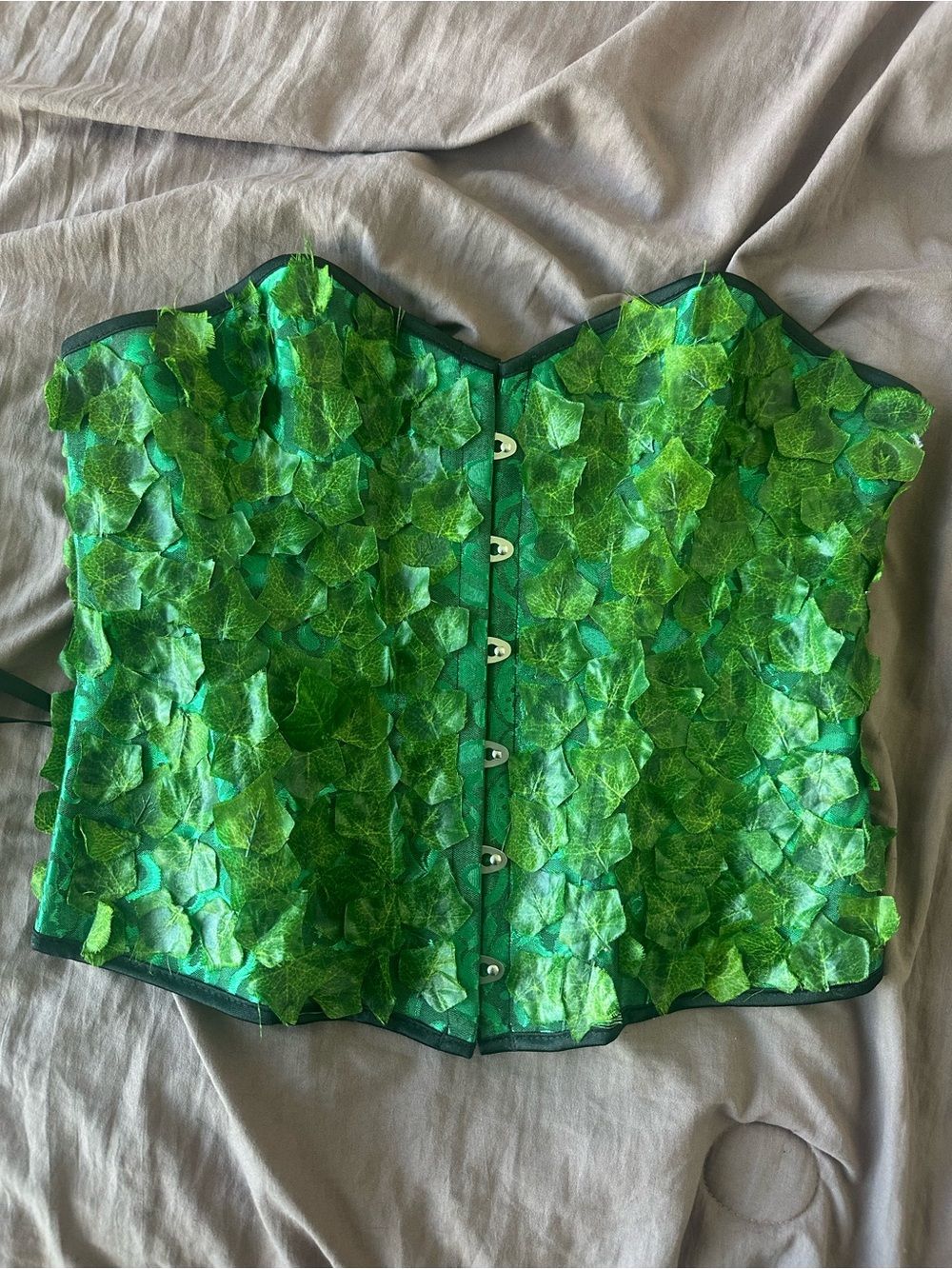 Poison Ivy Green Leaf-Detail Strapless Corset Top